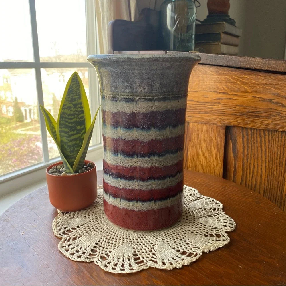Studio Pottery Large Striped Ceramic Vase 5.5” x 9” inches Seagrove, NC 2016 EUC